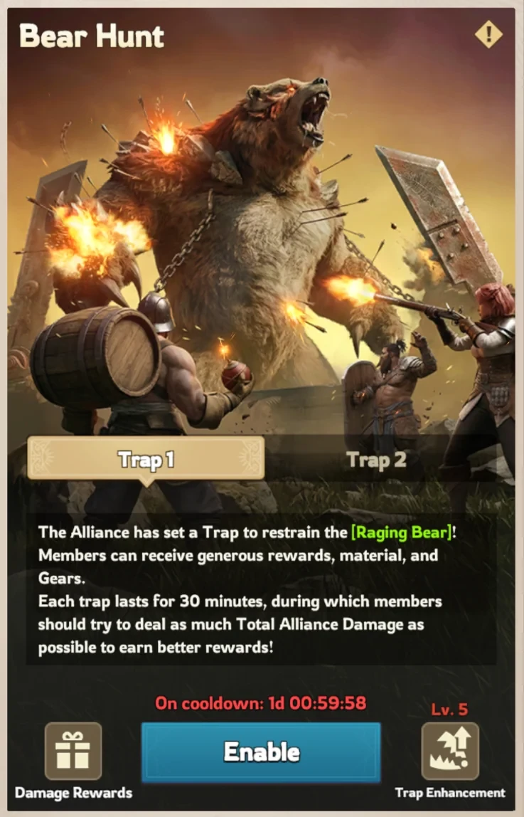 Lordrush Bear Hunt event screen showing the Raging Bear in the alliance trap, the Trap 1 and Trap 2 tabs, the cooldown timer, and the Trap Enhancement level