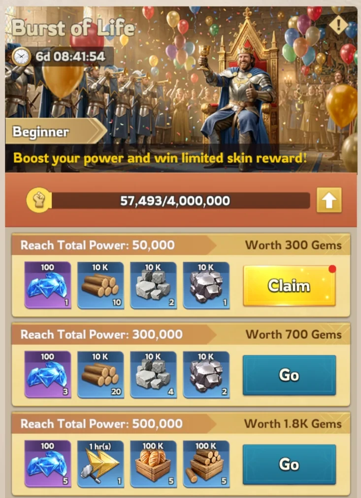 Lordrush Burst of Life event screen showing the Beginner power race, the Total Power progress bar toward 4,000,000, and the first milestone reward tiers