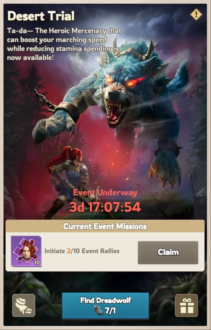 Lordrush Desert Trial event screen showing the Dreadwolf boss, the event countdown timer, current event missions, and the Find Dreadwolf button