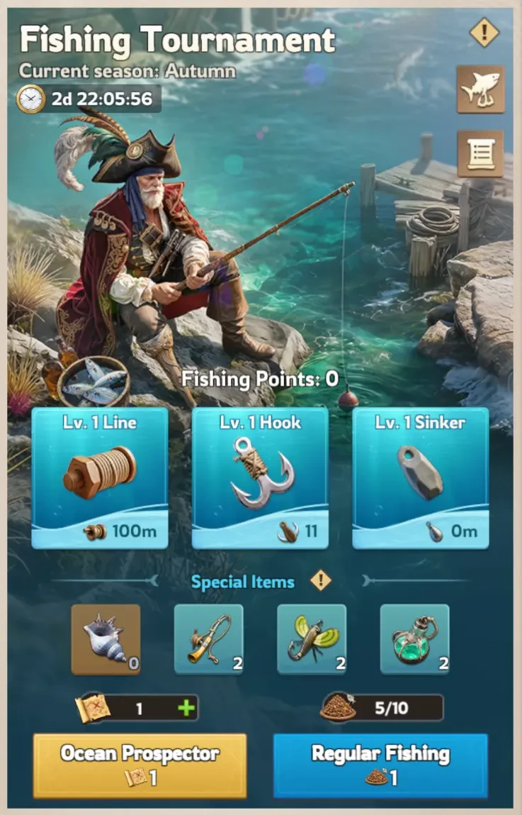 Lordrush Fishing Tournament event screen showing the current season (Autumn), the countdown, Fishing Points, the Line/Hook/Sinker Fishing Kit, the special items row, and the Ocean Prospector and Regular Fishing buttons