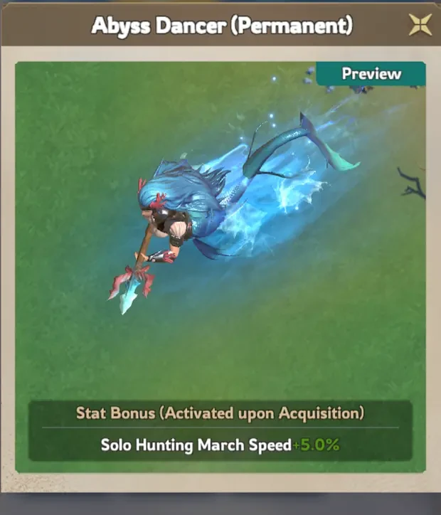 The permanent Abyss Dancer march skin from the Lordrush Fishing Tournament Collection Guide, granting Solo Hunting March Speed +5%
