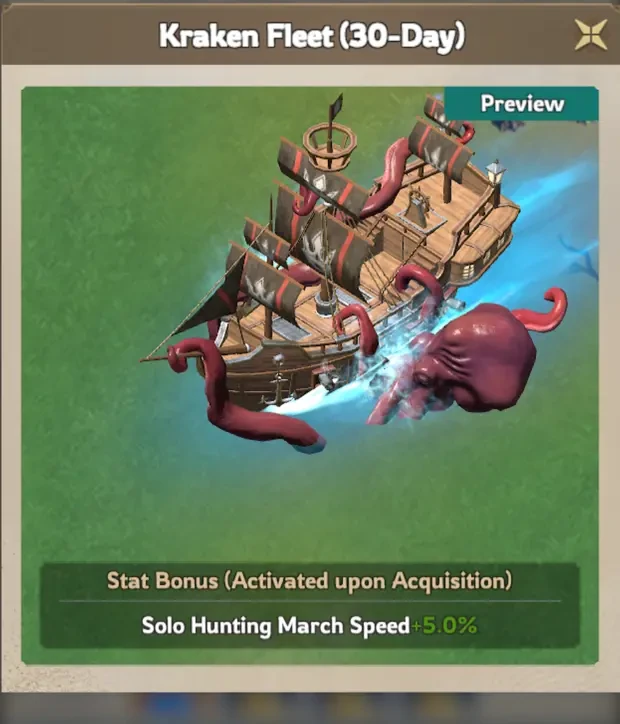 The 30-day Kraken Fleet march skin, a Master Fisher Leaderboard reward in the Lordrush Fishing Tournament, granting Solo Hunting March Speed +5%