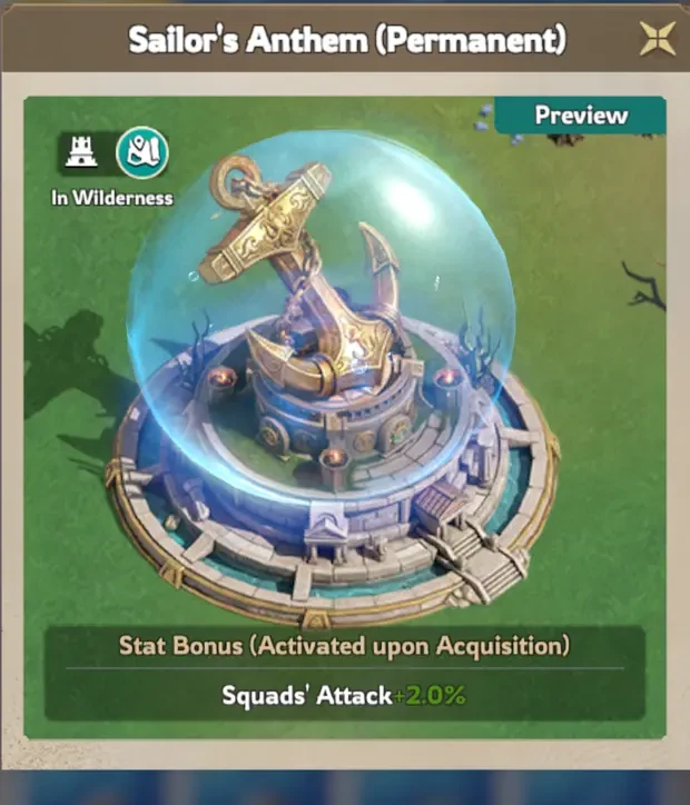 The permanent Sailor’s Anthem city skin from the Lordrush Fishing Tournament Collection Guide, granting Squads’ Attack +2%