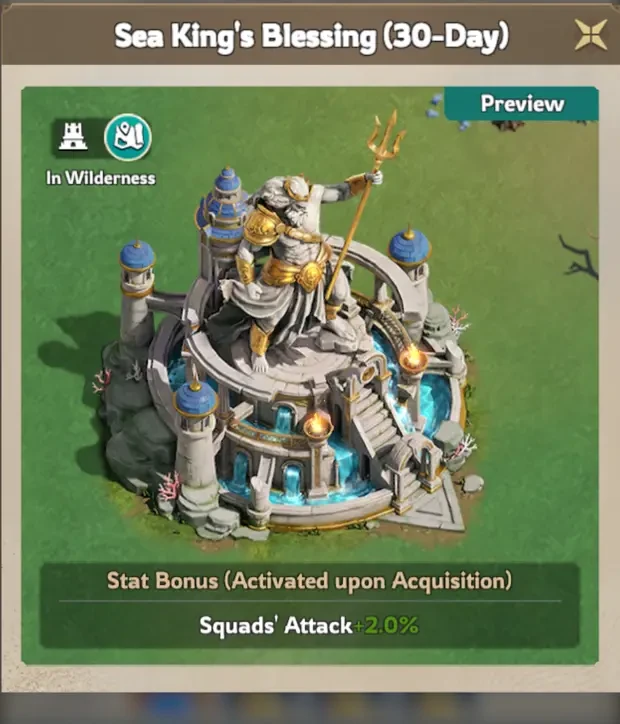 The 30-day Sea King’s Blessing city skin, a Master Fisher Leaderboard reward in the Lordrush Fishing Tournament, granting Squads’ Attack +2%