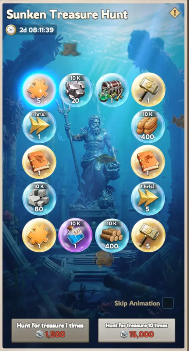 The Sunken Treasure Hunt in the Lordrush Fishing Tournament: spend Fishing Tokens to dig for hero shards, Forgehammers, skill books, and resources