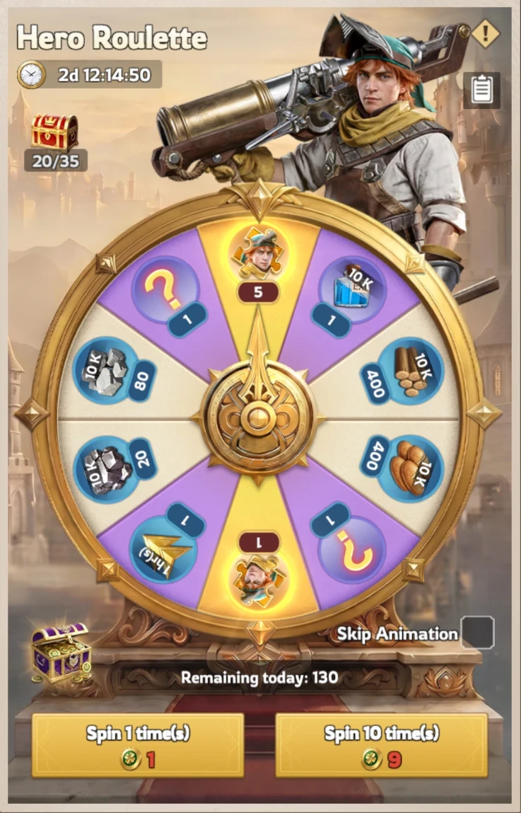 Lordrush Hero Roulette event screen showing the prize wheel with its ten reward slots, Porter above the wheel, the spin milestone chest at 20 of 35, the countdown timer, and the Spin 1 time (1 chip) and Spin 10 times (9 chips) buttons