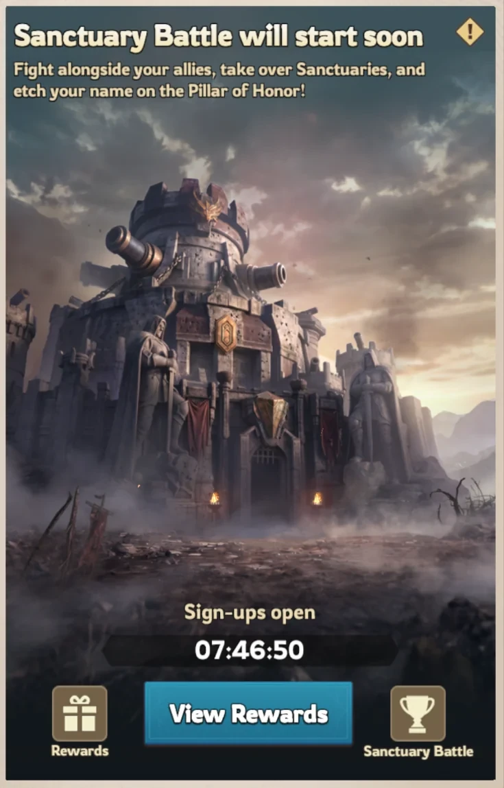 Lordrush Sanctuary Battle event screen showing the sanctuary fortress, the sign-ups countdown, and the View Rewards button