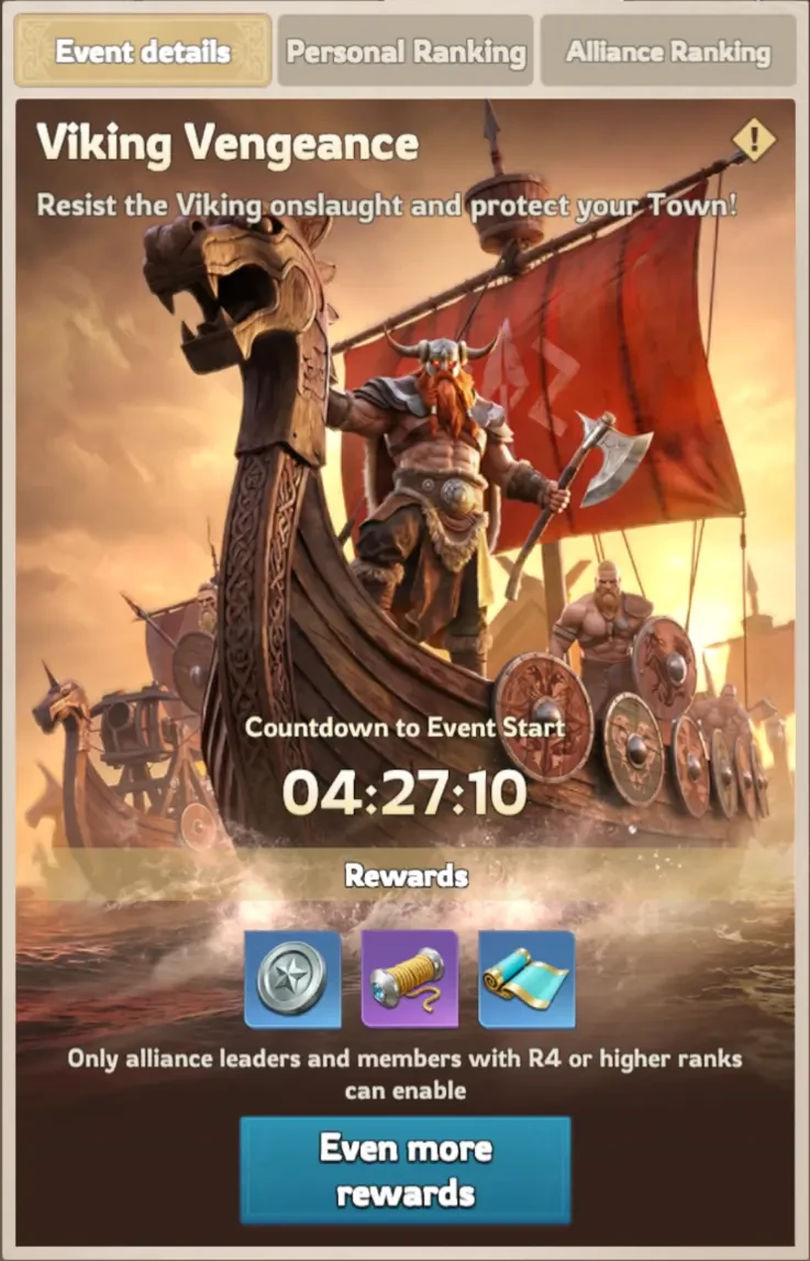 Lordrush Viking Vengeance event screen showing the Viking longboat splash, the "Resist the Viking onslaught and protect your Town!" tagline, the countdown to event start, the reward preview, and the R4+ enable note